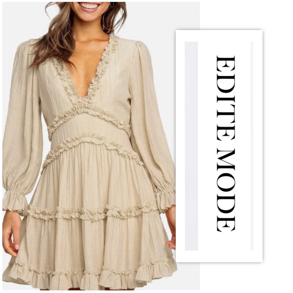 EDITE MODE Beige V Neck Ruffle Detailing Open Back Mini Dress